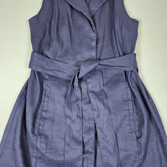 HALSTON Stretch Linen Shirt Dress 8 M Navy Blue Tie Belt Coastal Preppy Pockets - Picture 10 of 16